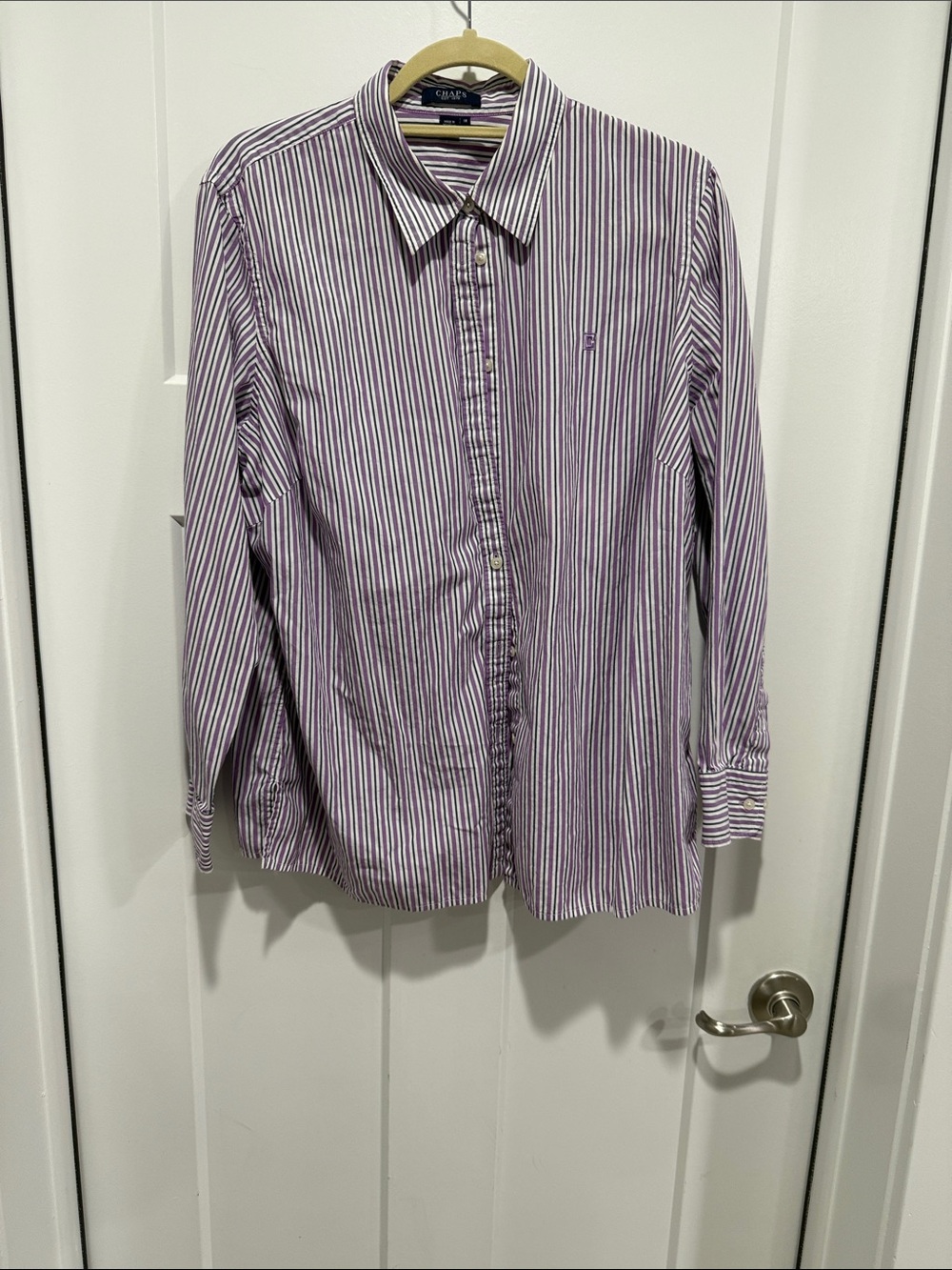 Chaps Purple and White Vertical Stripe Button-Down Shirt
